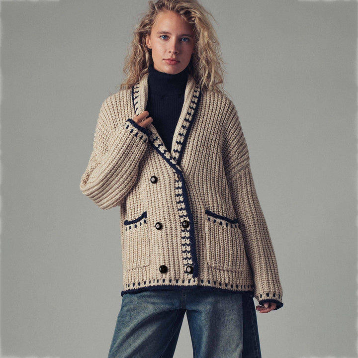 Damen Grobstrick-Cardigan mit Schalkragen, Zierstreifen & aufgesetzten Taschen Drune