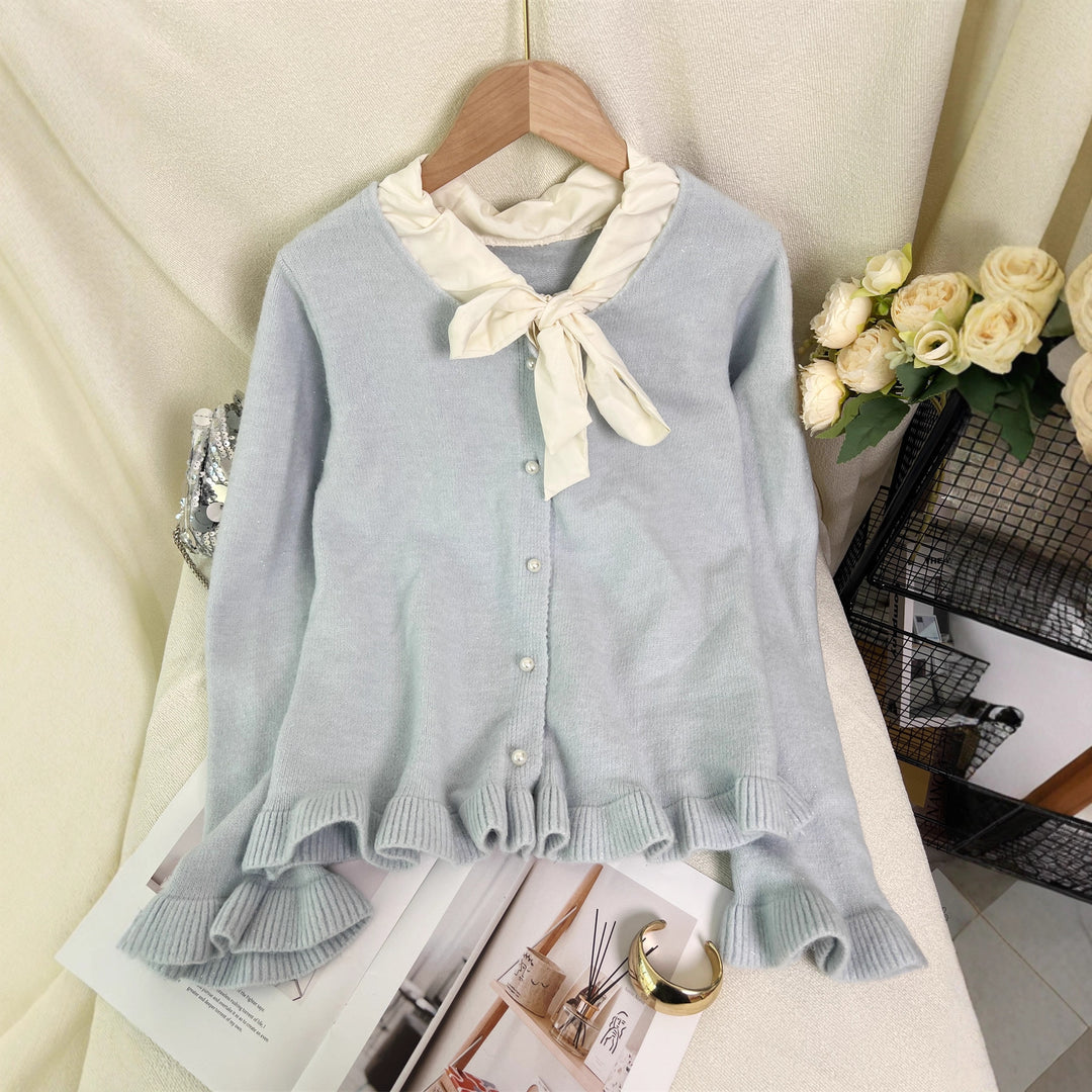 Damen elegante Strickjacke mit Rüschen und Schleifenkragen Drune