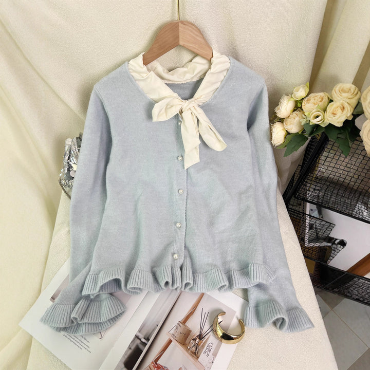 Damen elegante Strickjacke mit Rüschen und Schleifenkragen Drune