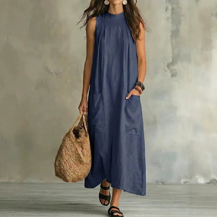 Damen nan ärmelloses Leinen-Maxikleid mit Stehkragen, Brustfalten und aufgesetzten Taschen Drune