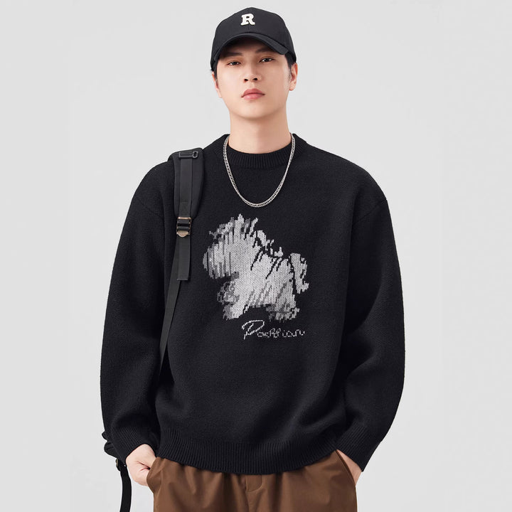 Damen Oversize-Strickpullover mit Jacquard-Hundemotiv und geripptem Saum Drune