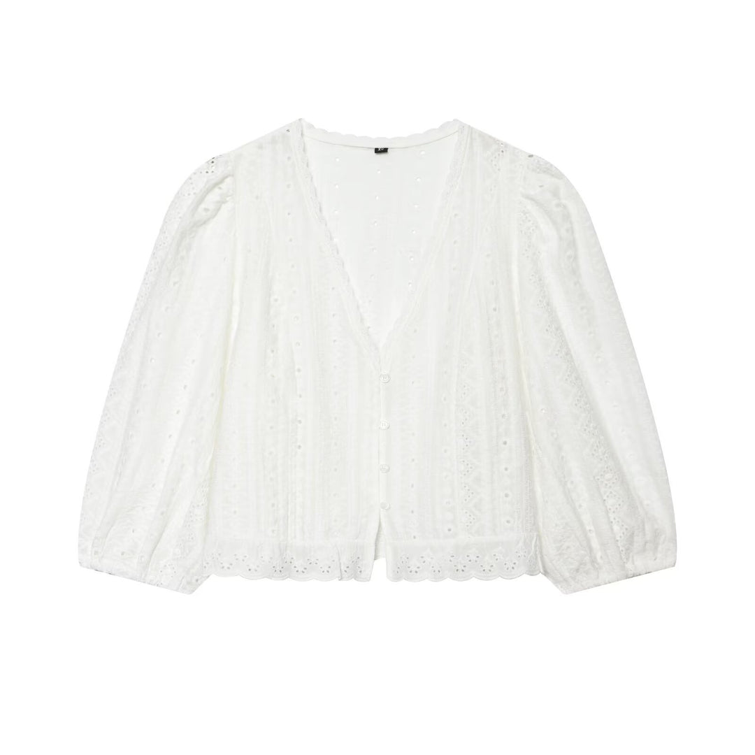 Damen Baumwoll-Spitzen-Cardigan mit V‑Ausschnitt, Knopfleiste und Ballonärmeln Drune