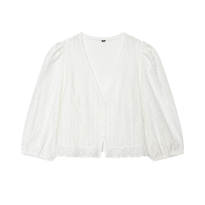 Damen Baumwoll-Spitzen-Cardigan mit V‑Ausschnitt, Knopfleiste und Ballonärmeln Drune