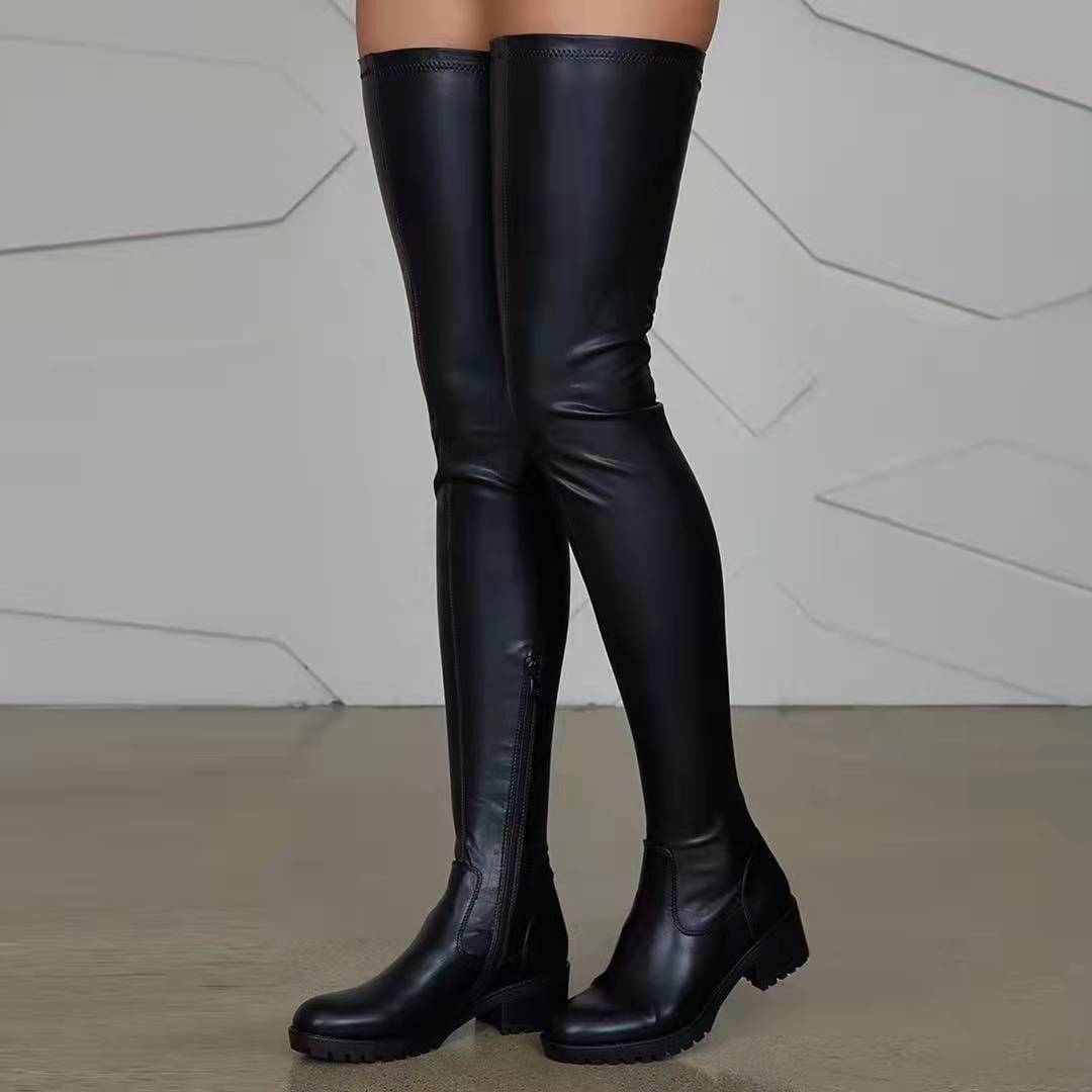Damen Overknee-Stiefel aus Stretch-Kunstleder mit seitlichem Reißverschluss und robuster Profilsohle Drune