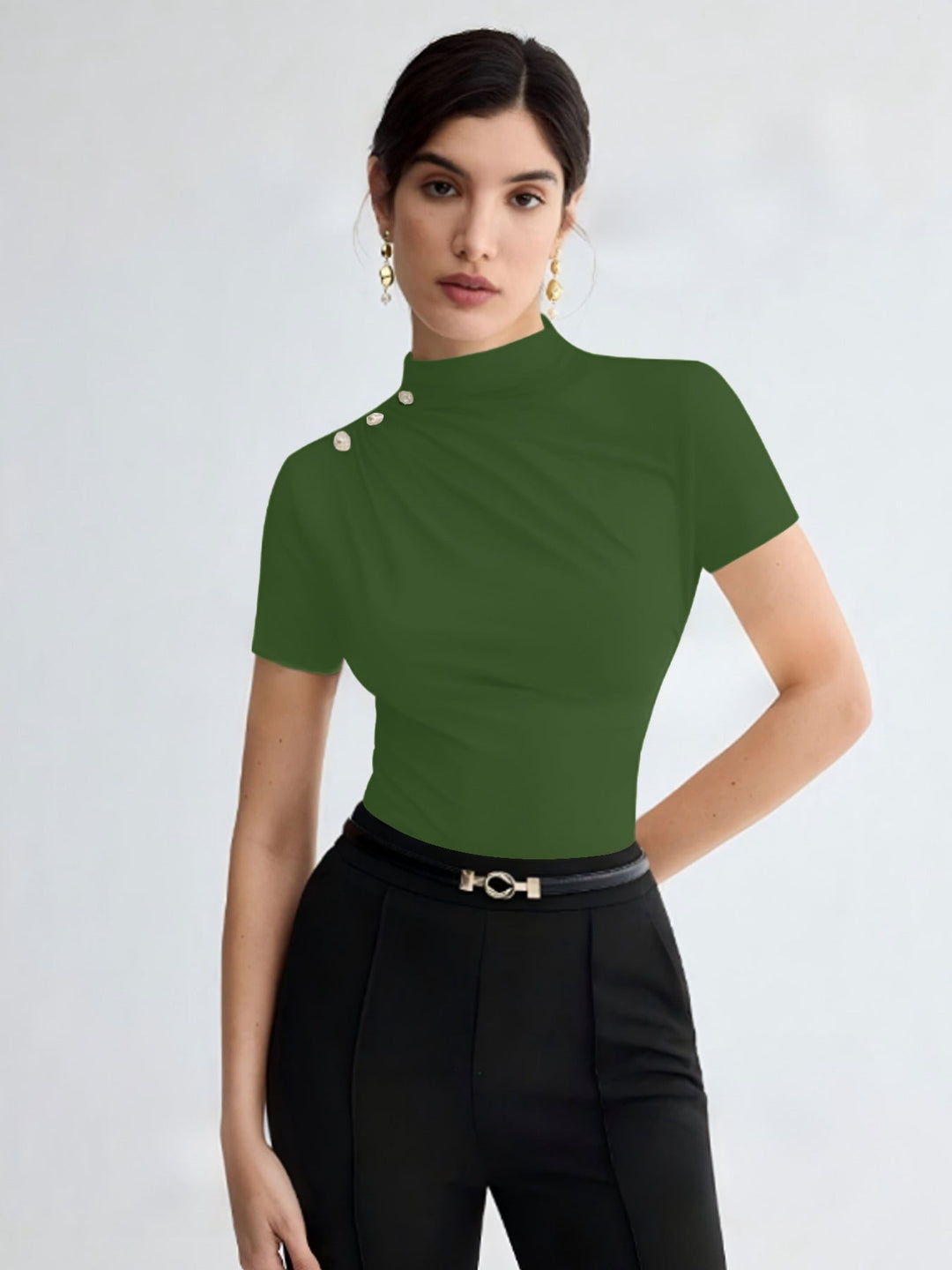 Damen elegantes Oberteil mit dekorativen Knopfdetails und modernem Stehkragen Drune