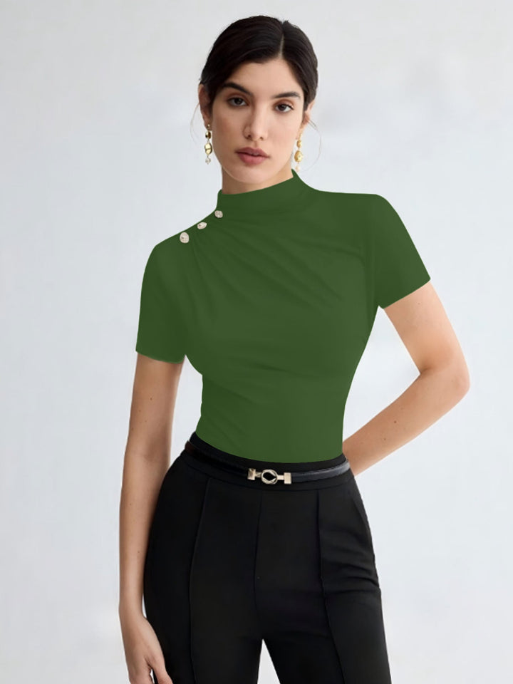 Damen elegantes Oberteil mit dekorativen Knopfdetails und modernem Stehkragen Drune