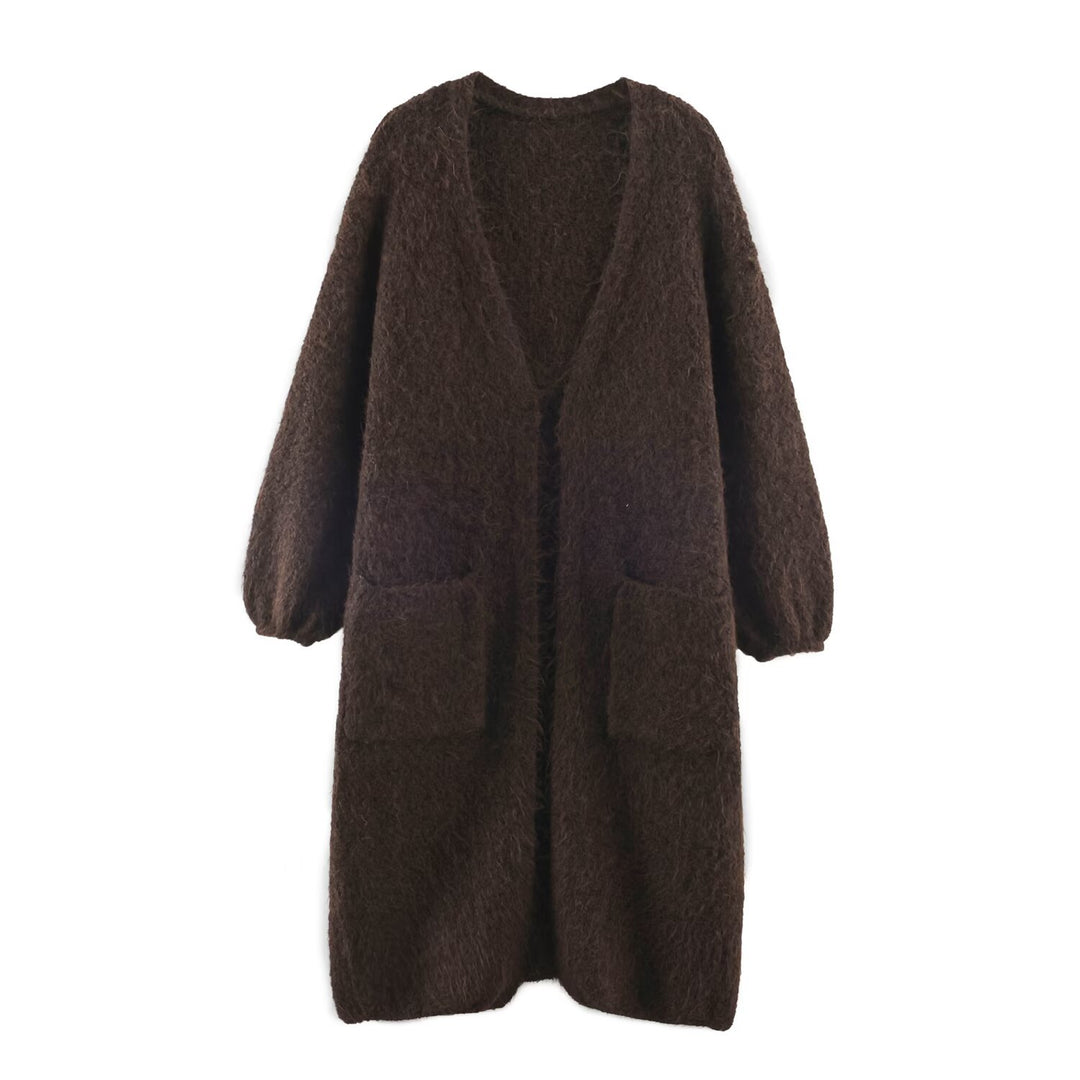 Damen Oversize Strickmantel mit V‑Ausschnitt, kuscheliger Bouclé‑Optik und aufgesetzten Taschen Drune
