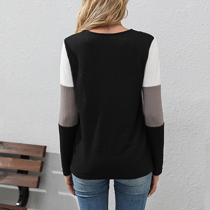 Damen Waffelstrick-Longsleeve mit V-Ausschnitt und Henley-Knopfleiste Drune