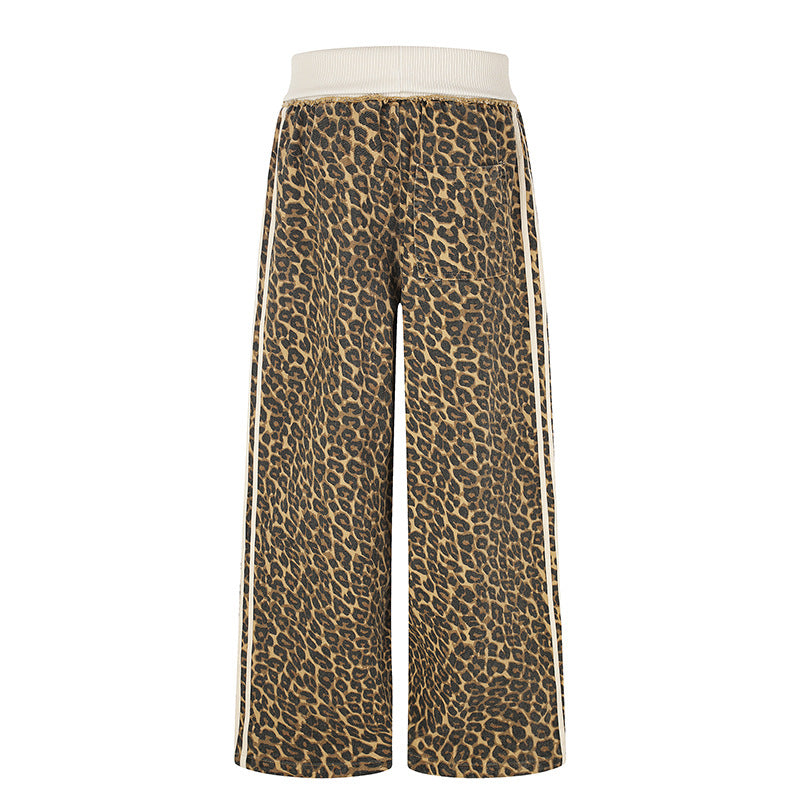 Damen weite Palazzo-Jogginghose mit Leopardenprint und elastischem Rippbund Drune
