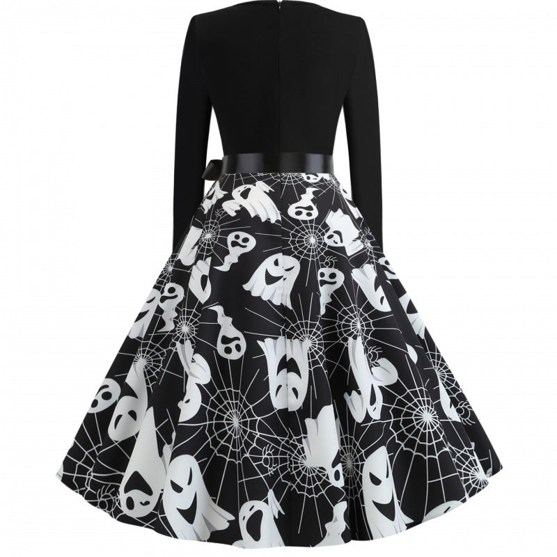 Damen Swingkleid mit wellenförmigem Ausschnitt, langärmligem Oberteil und Geister-Print mit Taillenschleife Drune