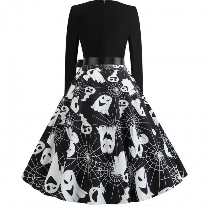 Damen Swingkleid mit wellenförmigem Ausschnitt, langärmligem Oberteil und Geister-Print mit Taillenschleife Drune
