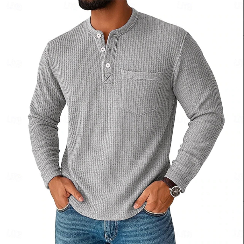 Herren Langarm Henley mit Waffelstruktur und Brusttasche thermisches Langarmshirt Drune