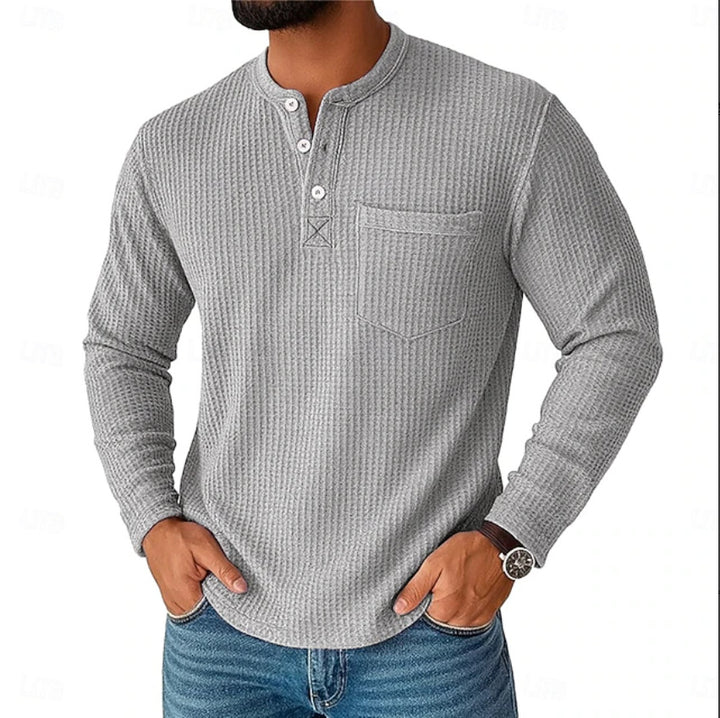 Herren Langarm Henley mit Waffelstruktur und Brusttasche thermisches Langarmshirt Drune