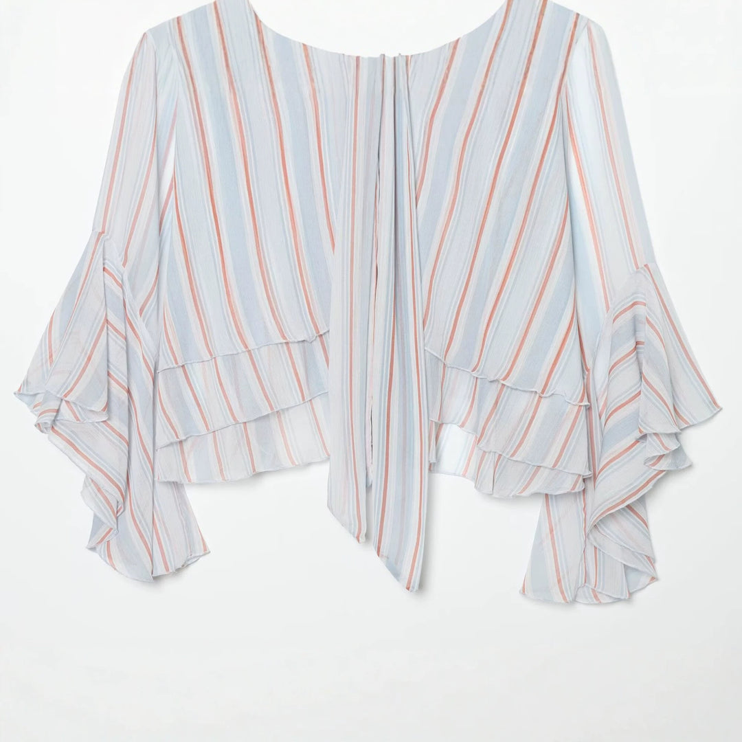 Damen 10+ luftige gestreifte Blusen‑Cape mit Bindeschal und Volantärmeln Drune