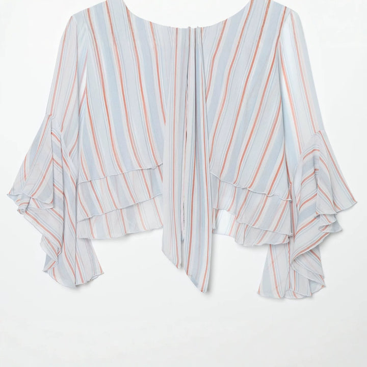 Damen 10+ luftige gestreifte Blusen‑Cape mit Bindeschal und Volantärmeln Drune