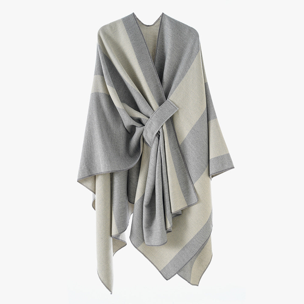 Damen Oversize-Cape mit Blockstreifen und Bindegürtel Drune