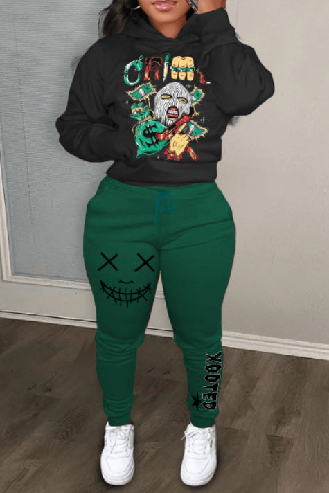 Damen Sportliche Hoodie- und Jogginghose Set mit künstlerischem Grafikdruck Drune