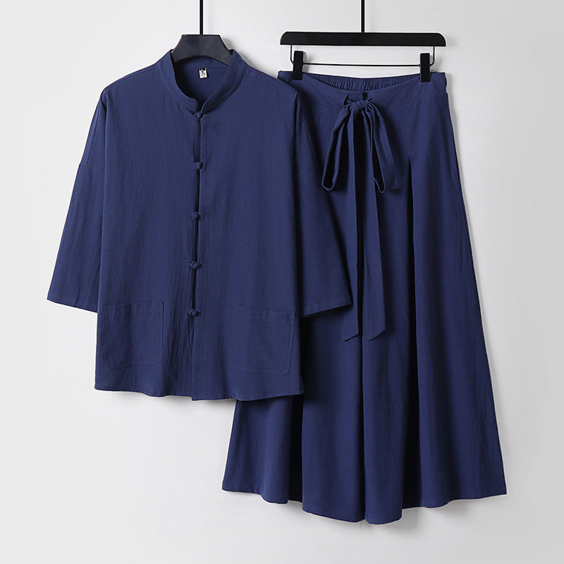 Damen Zweiteiliges Leichtes Lounge-Set mit Stehkragen, Kurzarm-Jacke und weitem Palazzo-Hosenrock Drune