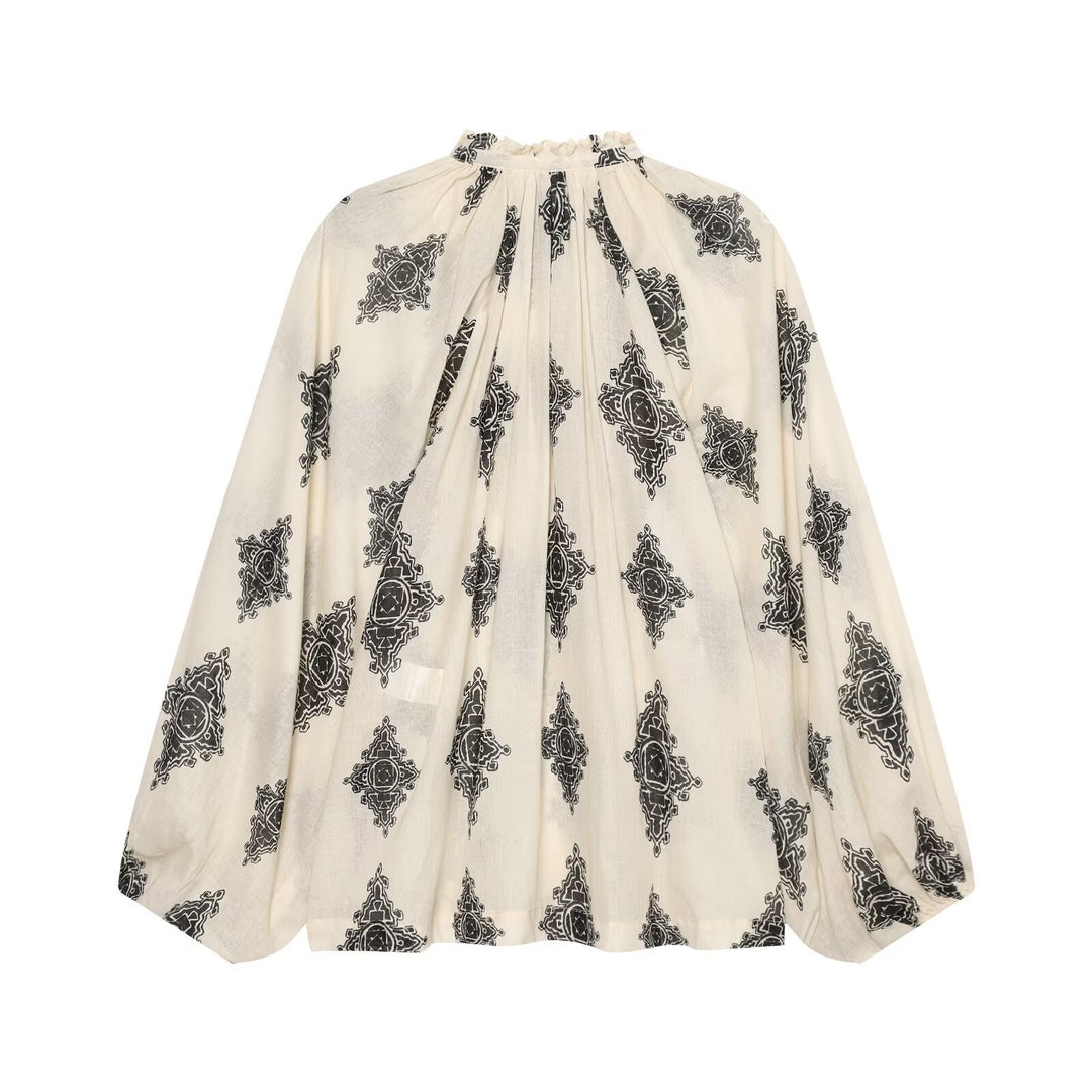 Damen Weite Boho-Bluse mit Rüschkragen, Tunnelzug und Ballonärmeln Drune