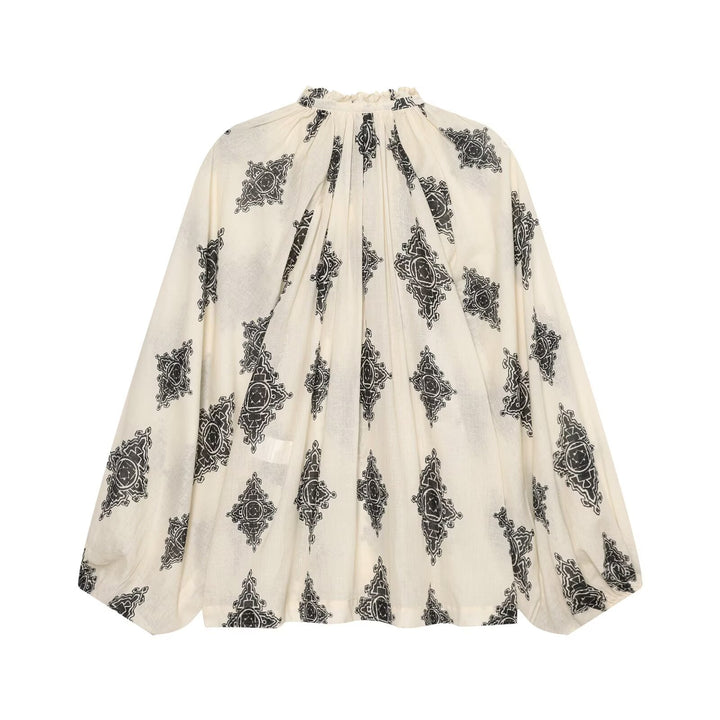 Damen Weite Boho-Bluse mit Rüschkragen, Tunnelzug und Ballonärmeln Drune