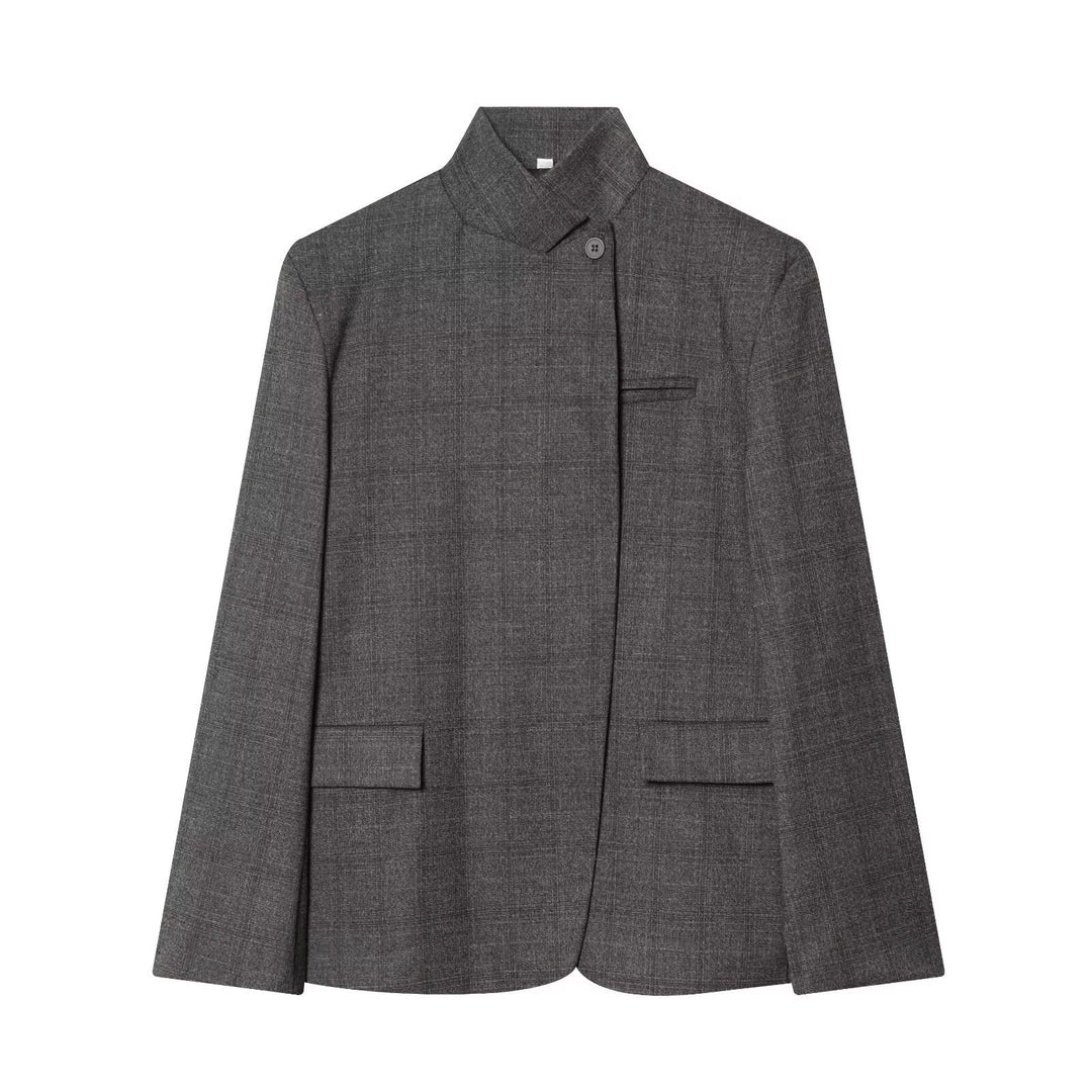 Damen Taillierter karierter Blazer mit Stehkragen und verdeckter Knopfleiste Drune
