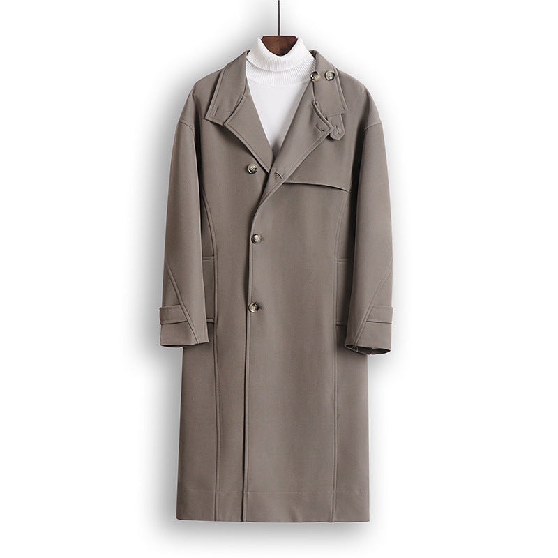 Herren Langgeschnittener Minimalistischer Trenchcoat mit Schalkragen und verstellbaren Ärmelriemen Drune