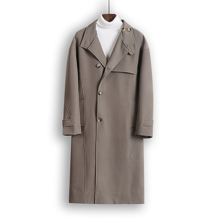 Herren Langgeschnittener Minimalistischer Trenchcoat mit Schalkragen und verstellbaren Ärmelriemen Drune