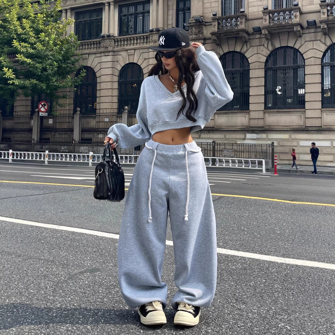 Damen lässiges Crop-Top und weite Hose Set Drune