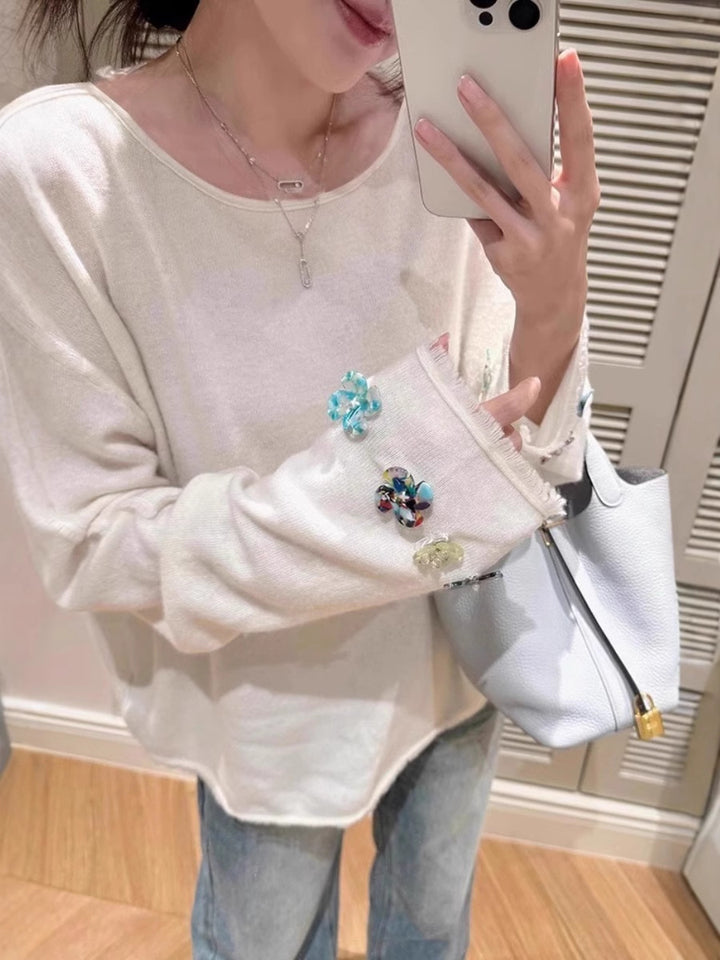 Damen Oversize-Feinstrickpullover mit schmuckbesetzten Ärmelabschlüssen Drune