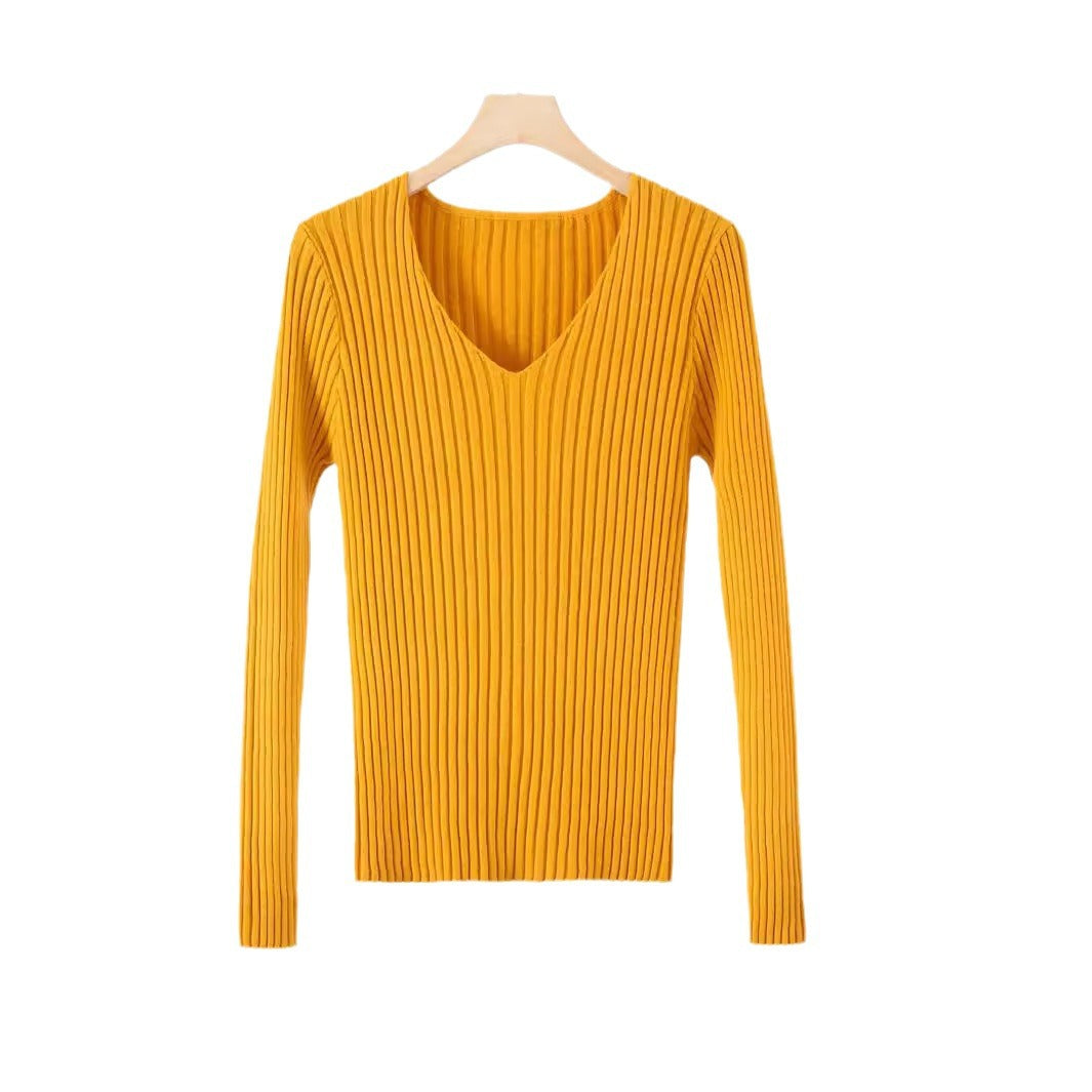 Damen modisches V-Ausschnitt Strickoberteil mit feinem Rippdesign Drune
