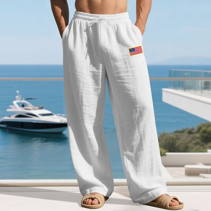 Herren Maritime Relaxed‑Fit Leinenoptik-Freizeithose mit Tunnelzug & Flaggen-Patch Drune