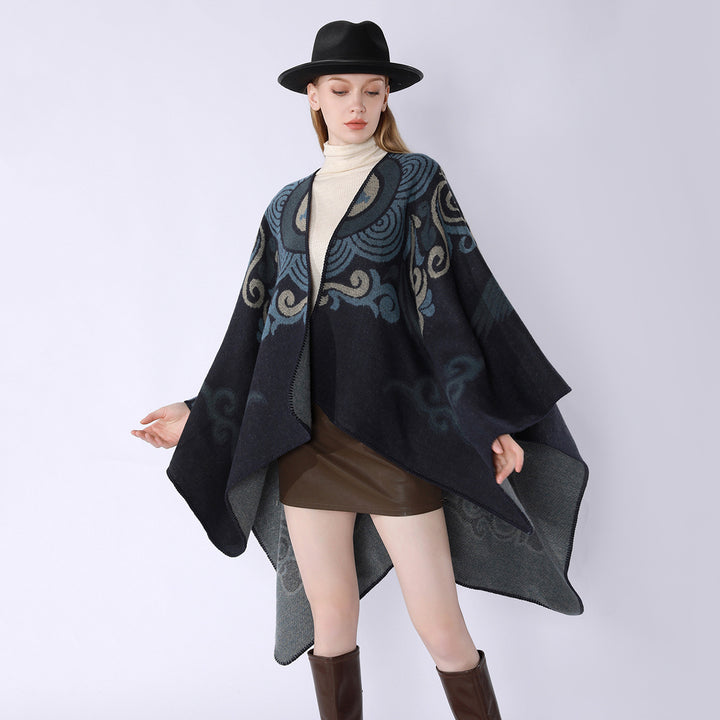 Damen Wollmix-Cape mit ornamentalem Jacquard, asymmetrischem Zipfel und weichfallendem Oversize-Fall Drune