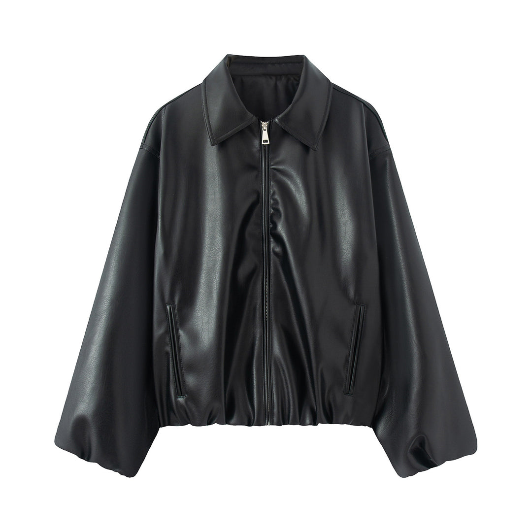 Damen nan kastiger Oversized Kunstlederblouson mit Hemdkragen, verdecktem Reißverschluss, verdeckten Leisten- taschen und elastischem Saum Drune
