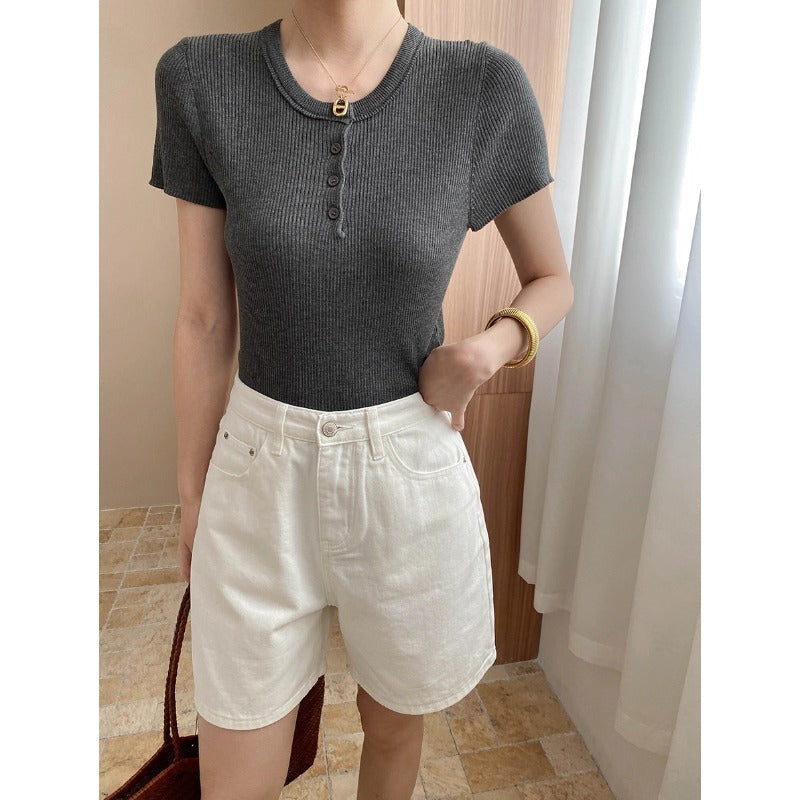 Damen kurzarm Henley-Oberteil mit feiner Rippstruktur Drune