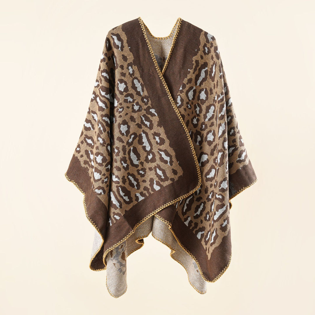 Damen Grobgewebter Jacquard‑Umhang mit Leo‑Print und offener Kimono‑Silhouette Drune
