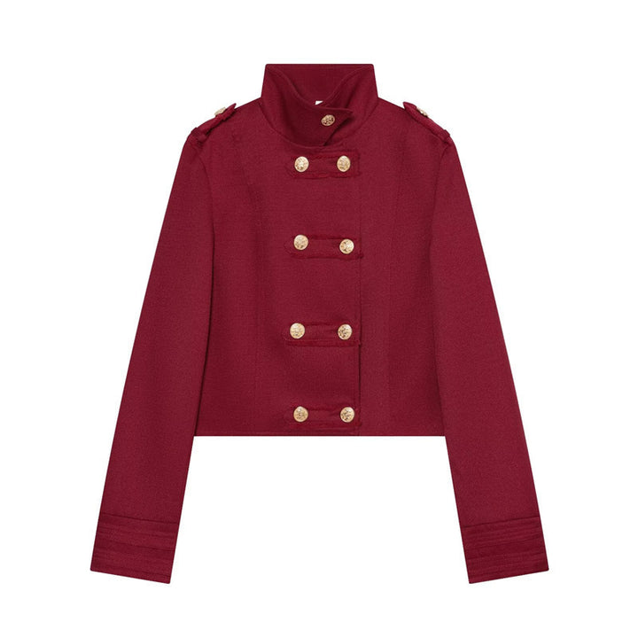 Damen Cropped Militärblazer mit Stehkragen, Epauletten und dekorativer Zierknopfleiste Drune