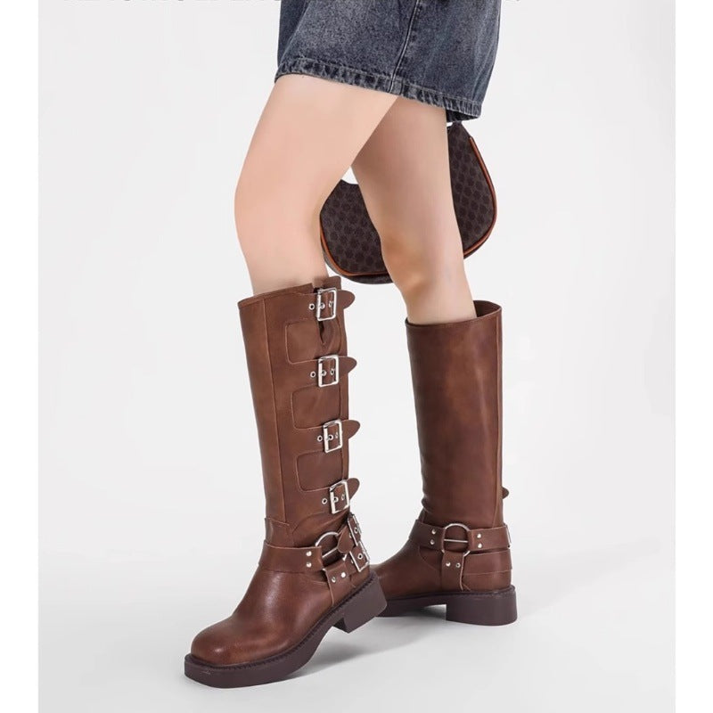 Damen Stiefel mit modischen Schnallen und robustem Blockabsatz Drune