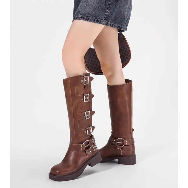 Damen Stiefel mit modischen Schnallen und robustem Blockabsatz Drune