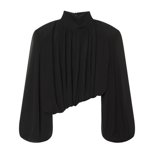Damen Elegante Cropped Bluse mit hohem Stehkragen, Plissée-Falten und Ballonärmeln Drune
