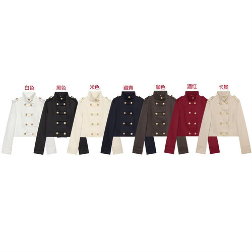Damen Cropped Militärblazer mit Stehkragen, Epauletten und dekorativer Zierknopfleiste Drune