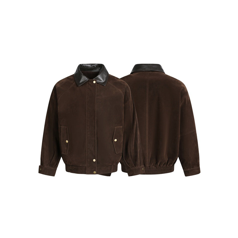 Herren Boxy Veloursleder-Blouson mit kontrastierendem Lederkragen und Druckknopf-Pattentaschen Drune