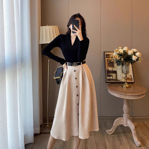 Damen Elegantes Midikleid mit Knopfleiste Drune