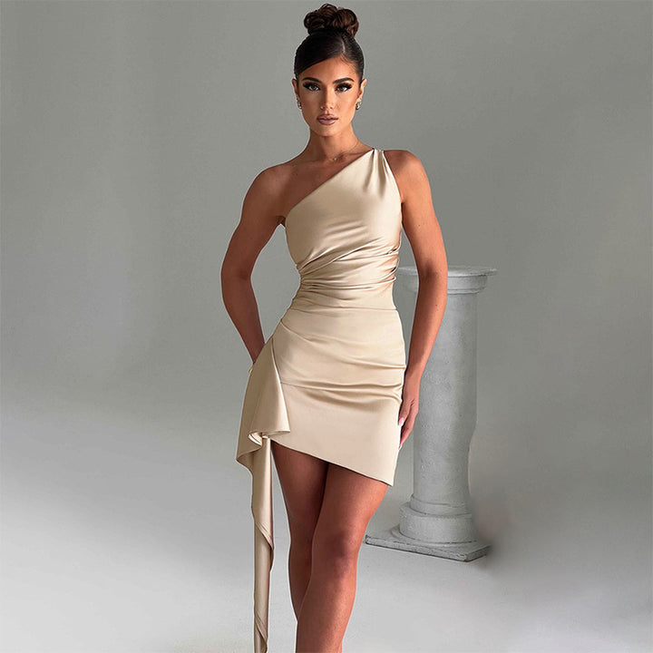 Damen Elegantes Ein-Schulter Kleid mit fließendem Schnitt und asymmetrischem Saum Drune