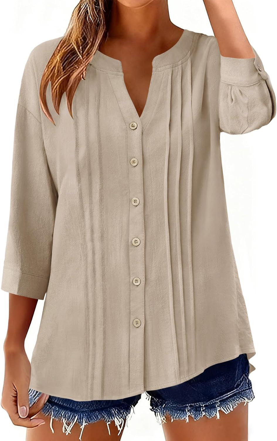 Damen Lockeres Tunikashirt mit Kellerfalten und dreiviertel Ärmeln Drune