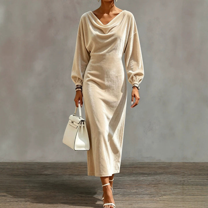 Damen Midikleid aus Samt mit drapiertem Wasserfallkragen und Ballonärmeln Drune