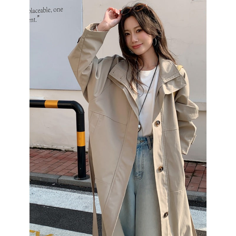 Damen Langer leichter Trenchcoat im Oversize-Stil mit geradem Schnitt und verdeckter Knopfleiste Drune