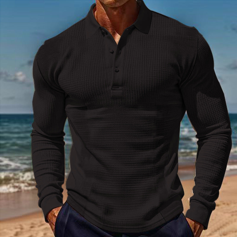 Herren nan körperbetontes Langarm-Henley-Poloshirt aus feiner Rippenstruktur Drune