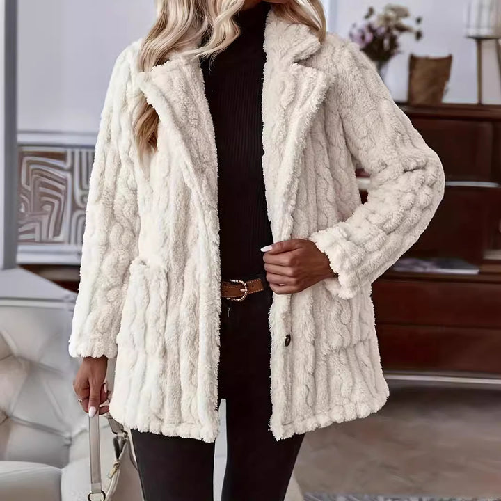 Damen weicher und warmer Kunstfell-Mantel mit knöpfbarem Design Drune