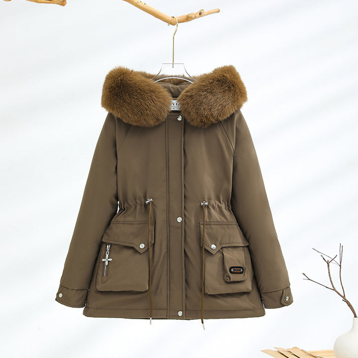 Damen nan kurzer Thermo-Parka mit voluminösem Schalkragen in Webpelzoptik und taillierendem Tunnelzug Drune