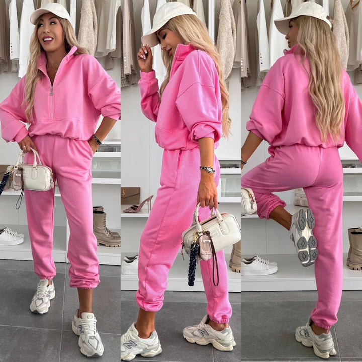 Damen Kuscheliges Freizeit-Set mit Kurzreißverschluss, hohem Kragen und Joggerhose Drune